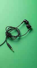 A pair of black wired in-ear headphones with a 3.5mm audio jack placed on a vibrant green background for listening to music or audio content