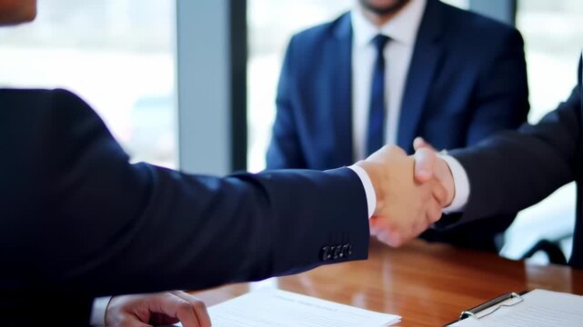 Businessmen conclude transaction with handshakes, finalize agreement on table