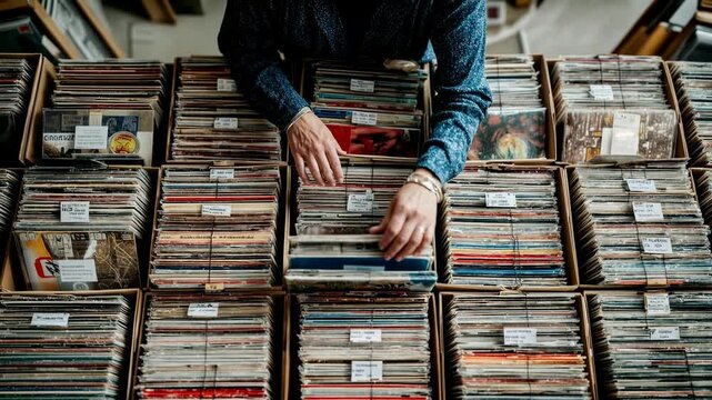Seller sorts through a wall of vinyl records at a bustling market
