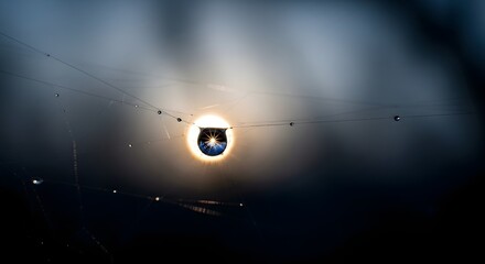 A close-up photograph of a tiny planet Earth with a solar eclipse occurring behind a spider web with dewdrops on a dark background