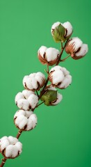 Close-up of a cotton plant with fluffy white bolls and green leaves against a vibrant green background