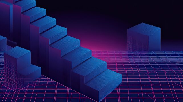 Abstract Blue Pixelated Staircase on a Grid Background with Pink Accents Geometric Design Futuristic Style and Neon Lighting - Powered by Adobe