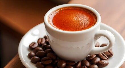 Fototapeta premium Aromatic Espresso Shot Surrounded by Roasted Coffee Beans