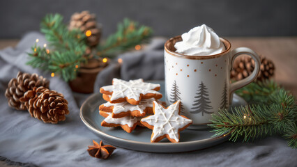 Fictional mug of hot chocolate with whipped cream, decorated gingerbread cookies in the shape of stars on a plate next to it, pine branches and decorations around the cup, a grey fabric background.