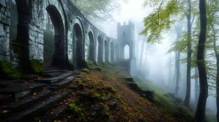 Fototapeta premium Mysterious castle ruins in foggy autumn forest