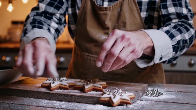 Decorating gingerbread cookie with icing. Baker adds sprinkle to star cookie. Hands in apron arrange cookies on wooden board. Warm lights glow in kitchen during holiday baking and cookie decoration.