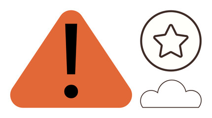 Bold exclamation mark in orange triangle next to outlined star and cloud. Ideal for warning, alert, caution, recognition, priority, important status, attention-grabbing concept. Simple flat metaphor