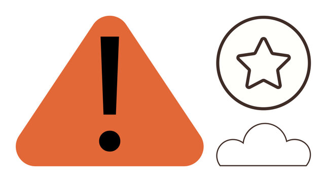 Bold exclamation mark in orange triangle next to outlined star and cloud. Ideal for warning, alert, caution, recognition, priority, important status, attention-grabbing concept. Simple flat metaphor