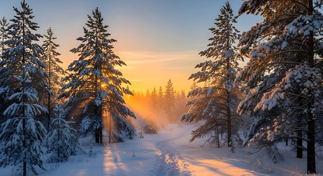 Golden sunrise breaks through snowy pine trees in a winter forest, casting long shadows and illuminating frosty branches