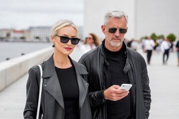 Stylish mature couple walking urban street using smartphone
