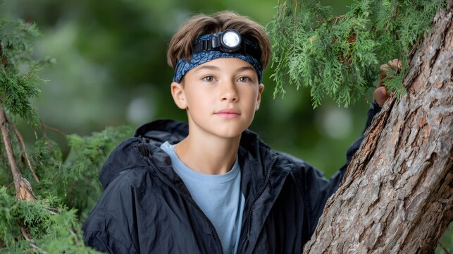 Young boy exploring nature with headlamp for adventure