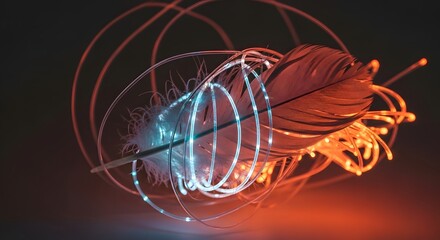 A close-up of a feather illuminated with vibrant blue and orange light trails creating an abstract and dynamic visual effect