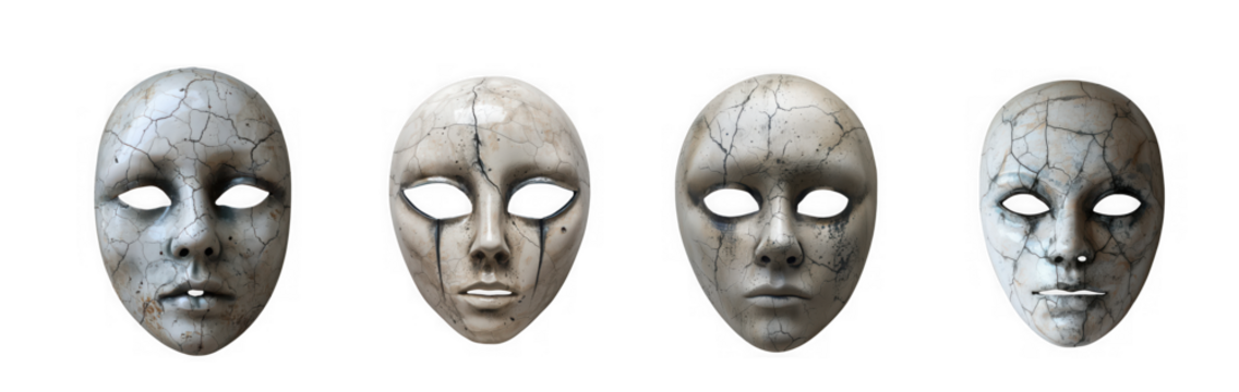 Four ancient stone masks with empty eye sockets and cracked textures, isolated on transparent background