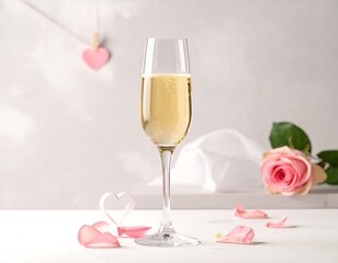 Elegant champagne flute with a pink rose, heart, and decor. Celebrating special occasion