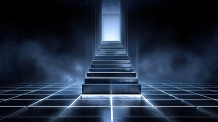 Abstract Ascending Staircase to Glowing Doorway in Dark Room with Reflective Floor and Soft Lighting