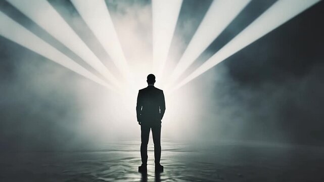 A man's silhouette in a suit stands before radiating beams of light. A businessman faces the future in a dark, smoky room. Leadership and success concept