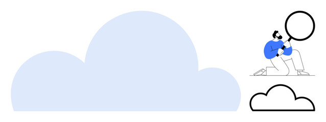 Man kneeling with magnifying glass examining cloud elements, symbolizing data analysis and cloud computing. Ideal for technology, research, security, analytics, innovation, storage, and networks