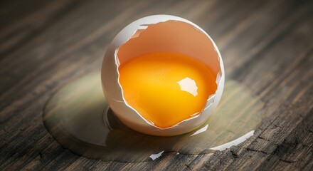 A cracked eggshell with a bright yellow yolk inside placed on a wooden surface, illustrating freshness and culinary preparation in a natural setting