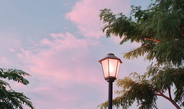 a street lamp is shining brightly, with pink clouds in the sky and green trees on both sides of it