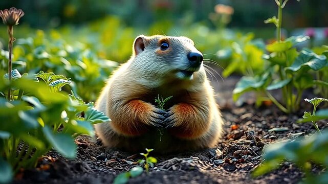 A cute groundhog sits in a garden holding a green plant. A furry rodent with an alert expression in a vegetable patch. Groundhog Day and spring season concept