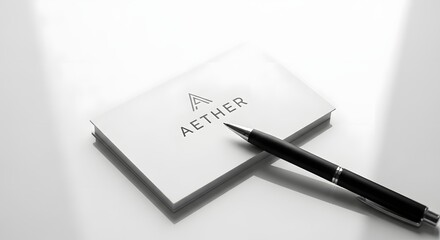 A sleek black pen resting on a white notepad with the word AETHER printed on it, set against a clean, minimalistic background for a modern and professional aesthetic