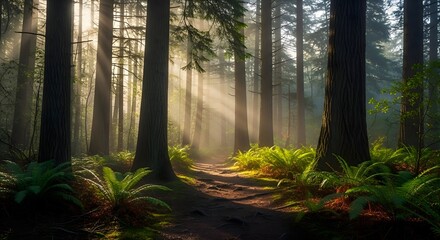 Serene forest path with golden sunbeams breaking through the morning mist and illuminating the trail