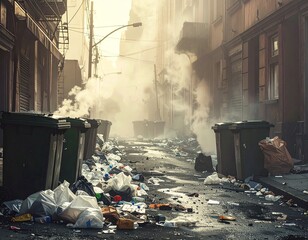 A highly polluted and trash-strewn urban alleyway is filled with thick smoke or fog, creating a dark, ominous atmosphere around overflowing dumpsters.