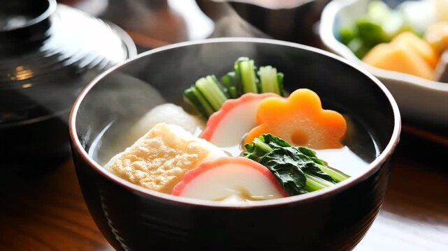 Close-up of steaming ozoni served in a bowl as a traditional New Year dish