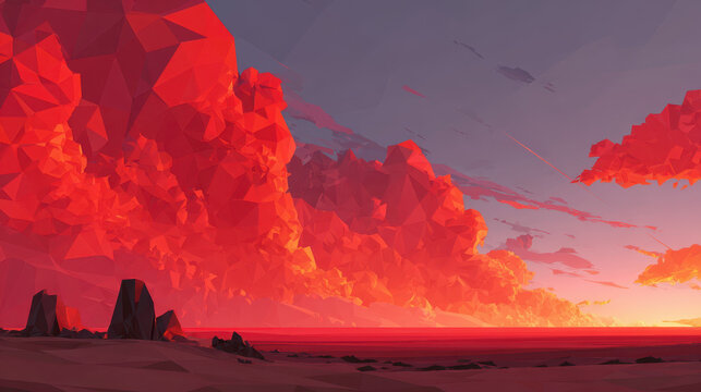 Low poly landscape geometric vibrant sunset red sky ocean dramatic digital art