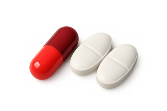 Red and white capsule and tablets on transparent background symbolizing medication, pharmacy, and healthcare