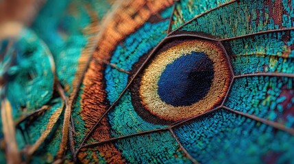 Macro view highlights iridescent texture and eye spot detail on a vibrant insect wing structure