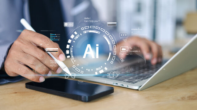 Businessman using AI digital interface on tablet and laptop. Concept of artificial intelligence, machine learning, chatbot, data analysis, automation, and modern technology.