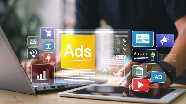 Digital marketing commerce online sale concept, Businessman using laptop with Ads dashboard digital marketing strategy analysis for branding.