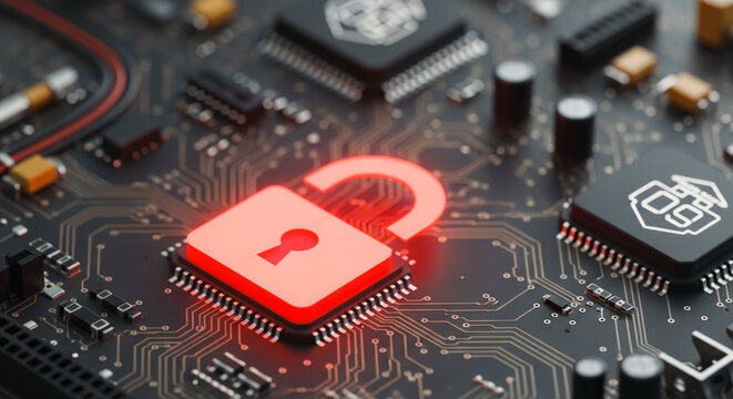 An illuminated padlock, rendered in a striking red hue, sits atop a computer motherboard, signifying data protection. This image is a bold visual statement on security in the digital era.