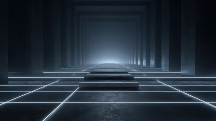Abstract Dark Corridor with Glowing Geometric Lines and Reflective Floor