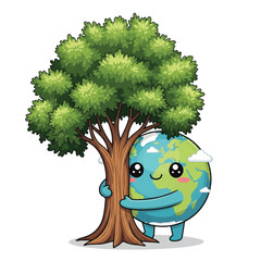 Cartoon Earth Embracing a Lush Tree Promoting Environmental Protection and Sustainability.