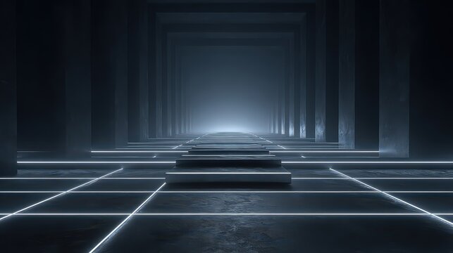 Abstract Dark Corridor with Glowing Geometric Lines and Reflective Floor