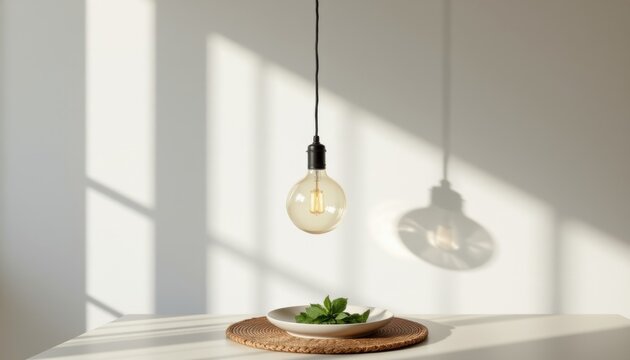 clean white background, minimal shadow: hanging pendant lamp with patterned shadow casting, rustic farmhouse design, made of acrylic, complemented by sat atop a woven placemat, scent: eucalyptus mint.