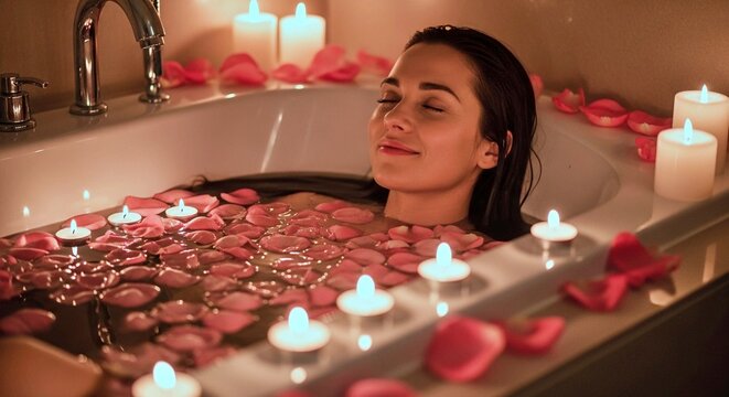 Young woman relaxing in bathtub filled with rose petals and candles   - Powered by Adobe