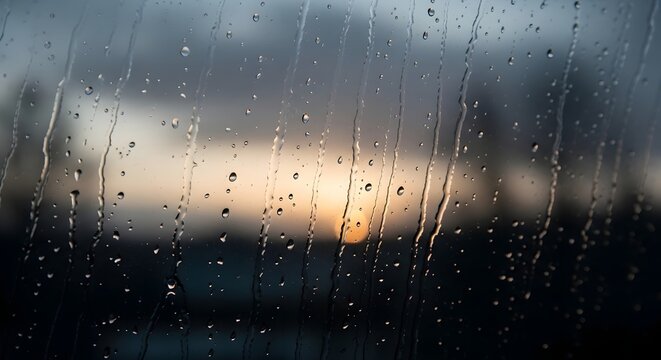 Close-up view of a rain-covered window with a blurred sunset sky in the background, capturing the atmospheric mood of a rainy evening - Powered by Adobe