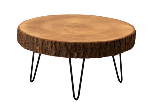 Wood slice coffee table with black hairpin legs, rustic modern furniture design, home decor and interior styling object