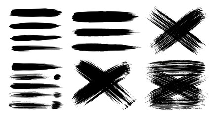 Collection of black brush strokes, cross marks, and paint texture elements for design projects