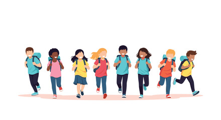 Obraz premium Happy and energetic diverse elementary school children, wearing backpacks, run together towards an adventure.