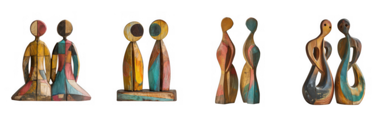 Four abstract sculptures of couples or pairs of figures in various poses, made of textured, colorful material, isolated on transparent background