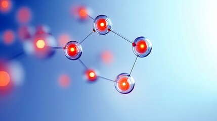A close-up view of an abstract molecular structure with glowing red spheres connected by thin lines against a soft blue background.