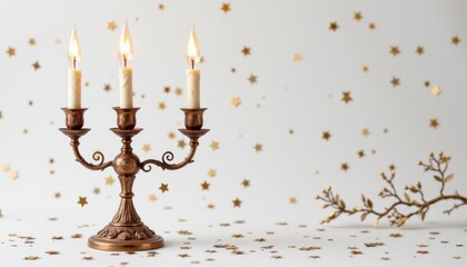 isolated on white: candelabra crafted from aged copper in oriental lacquered, shows copper filament led and decorated with star confetti, presented isolated on pure white background with no shadow