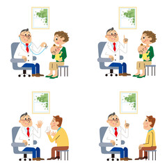 治療室で病気の診断をしてもらう親子と男性