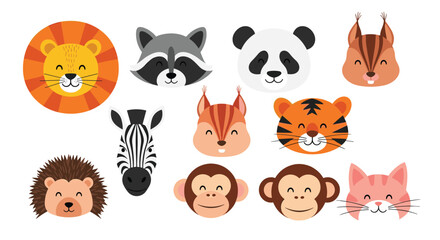 Obraz premium A delightful collection of cute cartoon animal faces, featuring various wildlife animals in a simple, friendly style, perfect for children's designs.