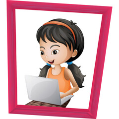 Smiling young girl with dark hair in ponytails wearing an orange tank top and checkered skirt using a laptop inside a pink frame