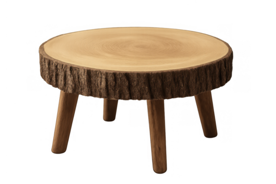 Rustic wood log slice table, tree trunk cross section furniture, natural design, raw edge, studio shot, transparent background